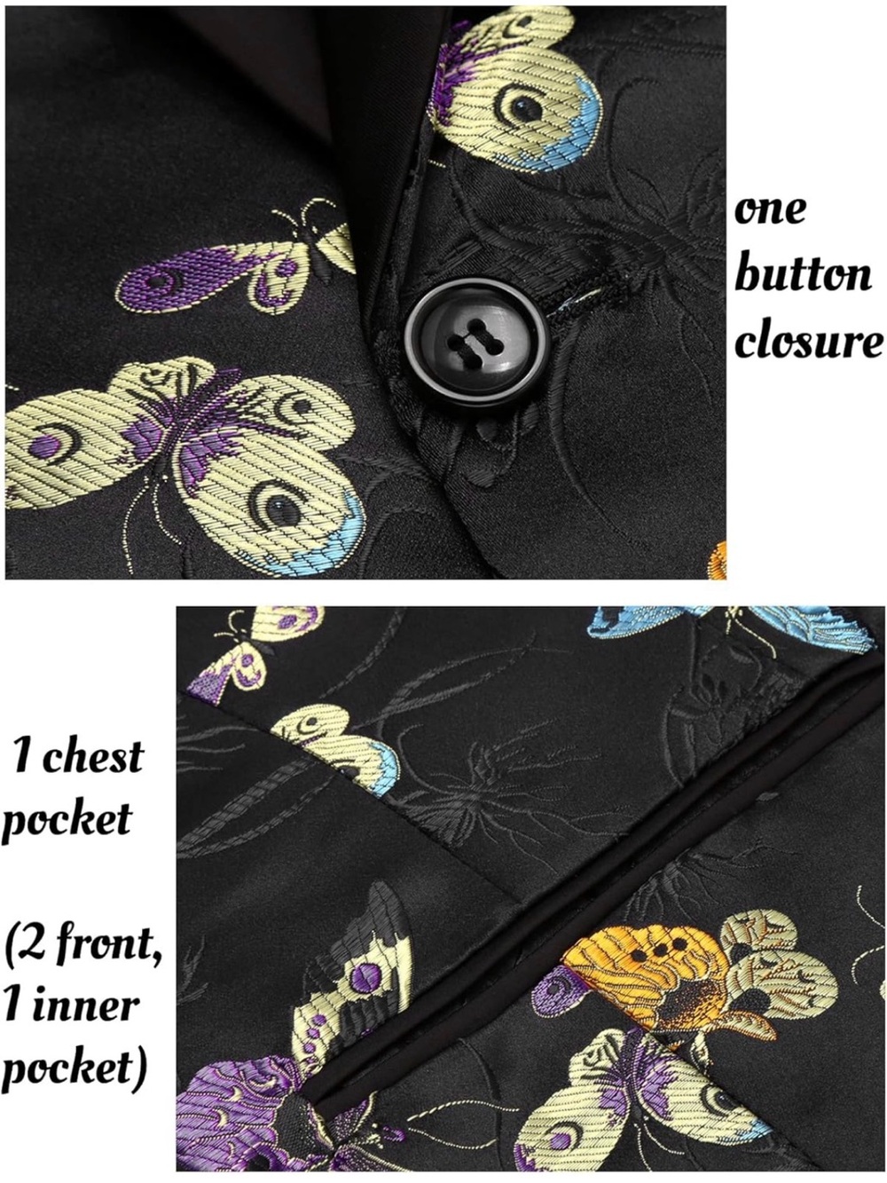 Men's Black Floral Butterfly Jacket - Elegant Tux Blazer - Picture 5 of 10